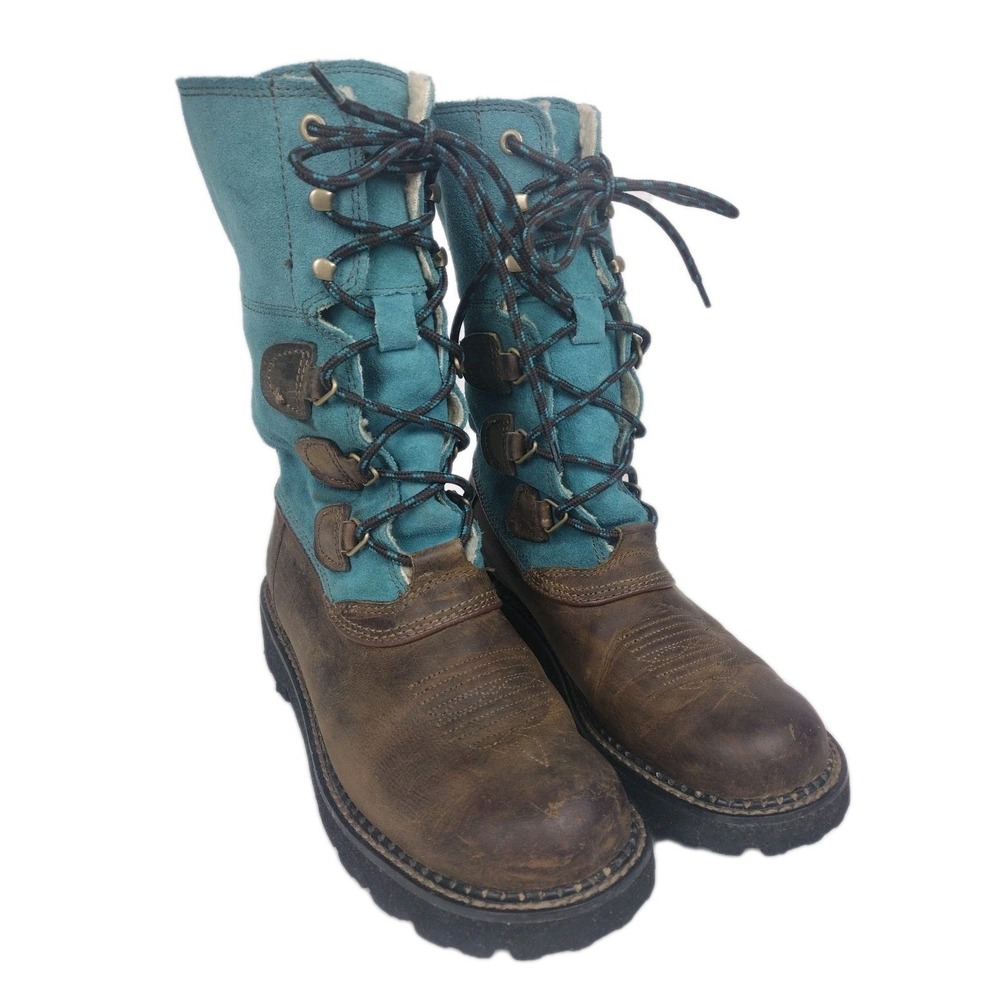 RARE Ariat FATBABY Turquoise Suede Brown Leather Winter Lace Up Boots Women's 8B